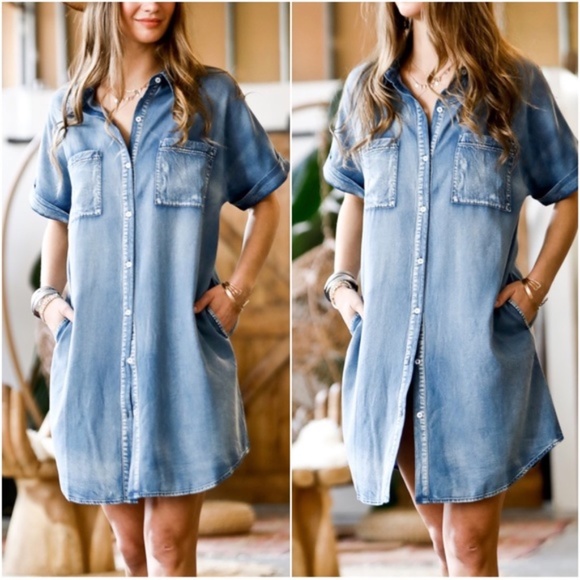 Boho Chambray Denim blue Button up Shirt Dress - Picture 3 of 3